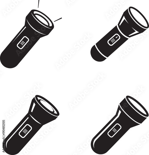 Four black flashlights with different orientations in silhouette style