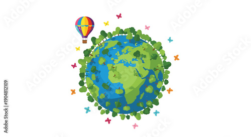 A serene illustration of the Earth globe covered in lush green trees and colorful butterflies, with a hot air balloon