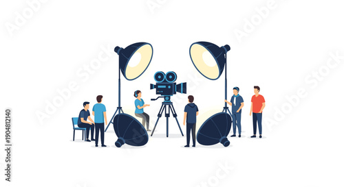Diverse film crew working on a movie set with a vintage camera, powerful studio lights, and actors for video production.