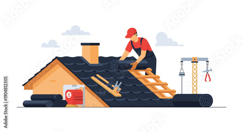 Dedicated roofer installing dark shingles on a new house, surrounded by tools and materials during a residential