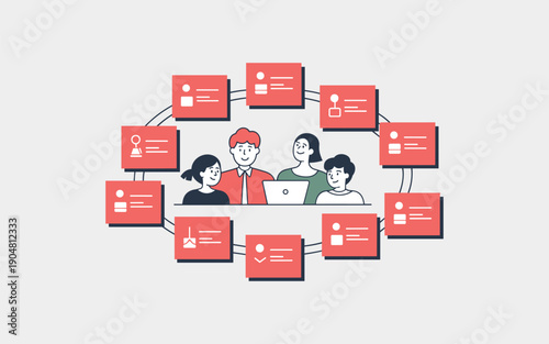 Group of diverse professionals sitting at desk with digital contact profiles and network