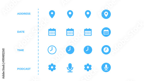 A modern icon set for location, calendar, time, and interface elements.