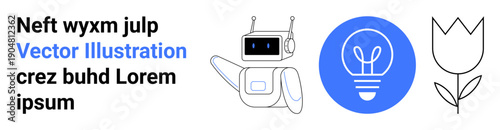 Futuristic technology, creativity, nature, innovation, energy, horticulture. A robot, glowing lightbulb and tulip plant design. Futuristic technology and creativity concept for innovation