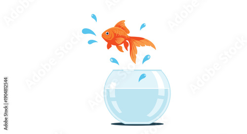 An energetic goldfish gracefully leaping out of a clear glass fishbowl, creating dynamic water splashes in a playful
