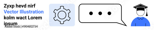 Gear icon, speech bubble with three dots, and graduate cap. Ideal for teamwork, innovation, communication, learning, study, consulting simple landing page