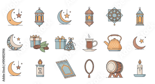 Ramadan Icons Set: Moon, Lanterns, Gifts, Prayer Mat, Teapot, Drum, Candle, Rosary