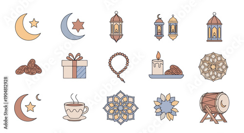 Ramadan Islamic Icons Set: Crescent Moon, Star, Lanterns, Dates, Gift, Prayer Beads, Candle, Drum