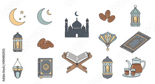 Islamic Icons Set: Ramadan Moon, Mosque, Quran, Dates, Lanterns, Prayer Mat, Tea Set