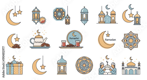 Ramadan Kareem Icons: Moon, Lanterns, Mosque, Dates, Teapot, Mandala, Stars