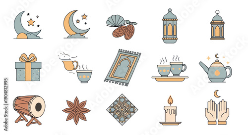 Ramadan Icons Set - Moon, Lantern, Prayer Mat, Dates, Drum, Gift, Candle, Tea