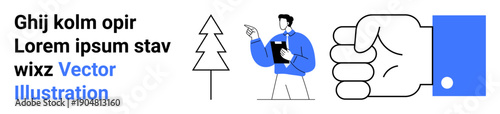 Business strategy, environmental solutions, professional growth, decision-making, teamwork, communication. A figure holding a clipboard next to a tree and a pointing hand gesture. Business strategy