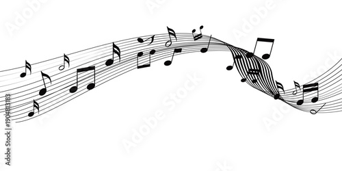 Vector musical melody with floating notes on staff lines. Curved musical notes and treble clef lines illustration.