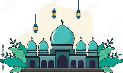 Illustration of cartoon mosque with ornament decoration