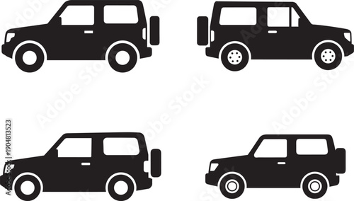 Four black silhouette suvs car from different angles