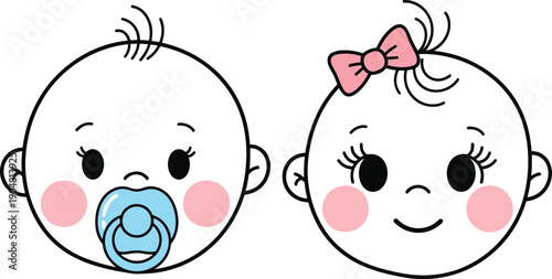 Cute baby face icons boy and girl cartoon infant characters with pacifier bow for kids design cad drawing flat vector illustration