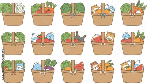 Collection of brown wooden grocery baskets filled with fresh vegetables fruits milk and organic food items for supermarket and healthy lifestyle projects