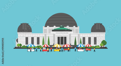 Flat illustration of a grand classical building with a dome and surrounding market stalls, depicting a vibrant outdoor community event in a bright blue sky