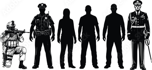 Military police and civilian people silhouettes soldier officer authority figures security law enforcement icons cad drawing flat vector illustration