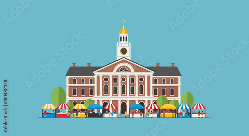A vibrant illustration of a historic public building with surrounding market stalls and trees, symbolizing community gatherings and local commerce in a charming town square