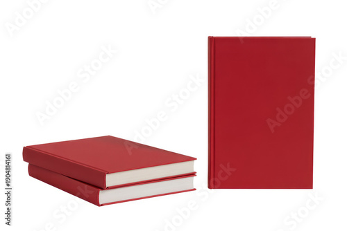 Three red books stacked on white background two lying down and one standing up straight