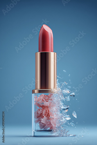 Creative display of red lipstick with glass splash effect on pastel blue background for cosmetics advertising and branding.