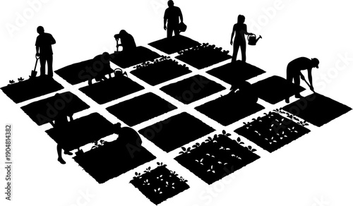 Aerial view of people working in community garden plots silhouette