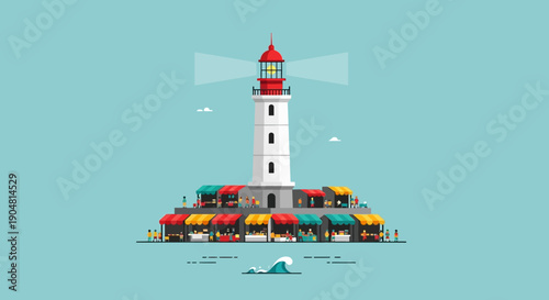 Whimsical Lighthouse Marketplace A Beacon of Commerce and Coastal Charm Illustrated With Colorful Stalls Beneath the Tower