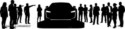 Car reveal event with people looking at a sleek vehicle silhouette