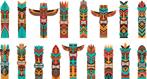Colorful tribal totem pole vector illustrations featuring traditional wooden mask carvings with various expressions and ethnic patterns for cultural design