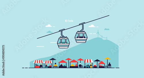 Cable car transporting passengers over a bustling market with stalls and vendors set against a scenic backdrop of rolling hills and a distant bridge