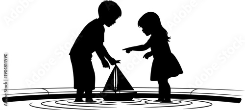 Children playing with a toy sailboat in a fountain silhouette