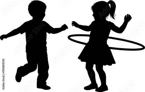 Children playing with a hula hoop silhouette