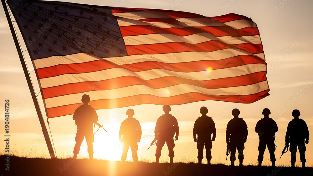 Obraz premium American flag waving above silhouetted soldiers at sunset