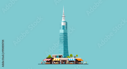 Modern city skyscraper with retail shops at its base, a contemporary urban landscape illustration showcasing architectural design and city life on a vibrant blue background