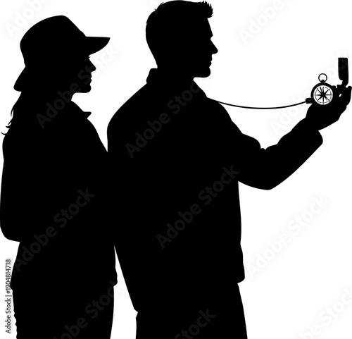 Close up of couple navigating with compass silhouette