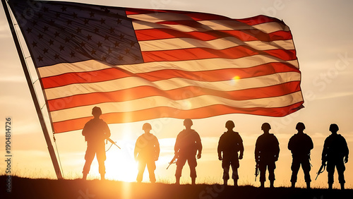 American flag waving above silhouetted soldiers at sunset