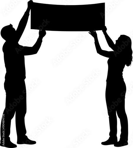 Couple holding up a large blank banner or sign silhouette
