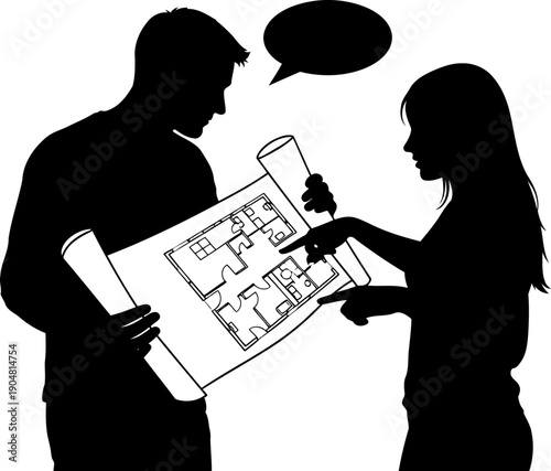 Couple silhouette reviewing architectural house floor plan blueprint