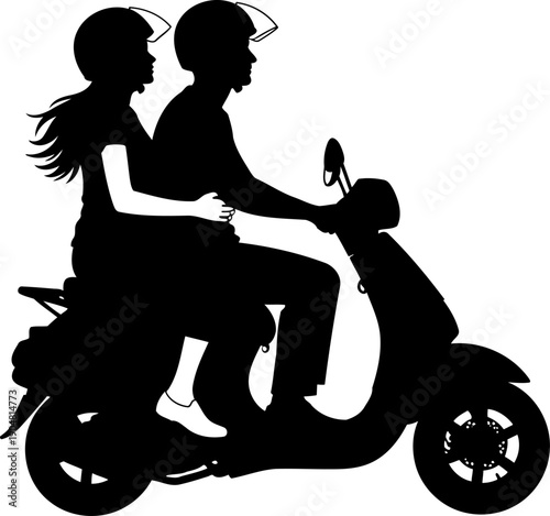 Couple riding a motor scooter together wearing helmets silhouette
