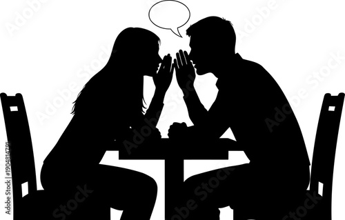 Couple whispering secrets across a table with speech bubble silhouette