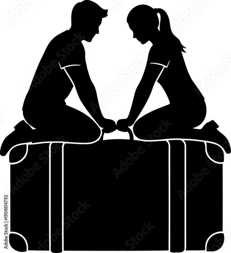 Couple struggling to close a heavy travel suitcase