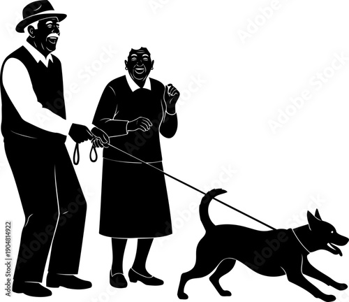 Elderly couple laughing while walking their dog silhouette