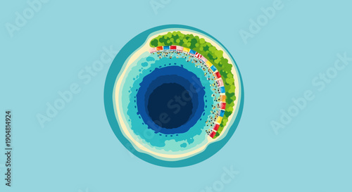 Illustration of a circular island with a dark vortex in the center, surrounded by colorful houses and palm trees on a bright blue background
