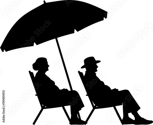 Elderly couple relaxing in beach chairs under umbrella silhouette