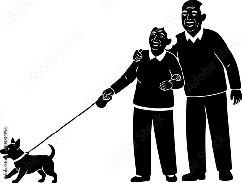Elderly couple walking their small dog on a leash silhouette