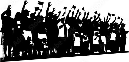 Enthusiastic crowd waving small flags at an event silhouette