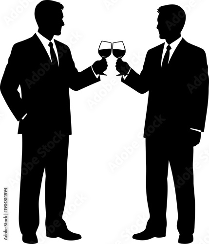 Formal silhouette of two men in suits clinking glasses for a toast