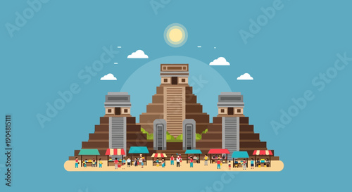 Mayan pyramids with bustling marketplace below and a bright sun shining in a clear blue sky illustrating cultural heritage and vibrant local commerce and tourism