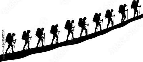 Group of backpackers trekking up a steep mountain slope in a line