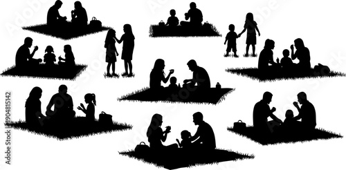 Grid of various families and couples having picnics silhouette